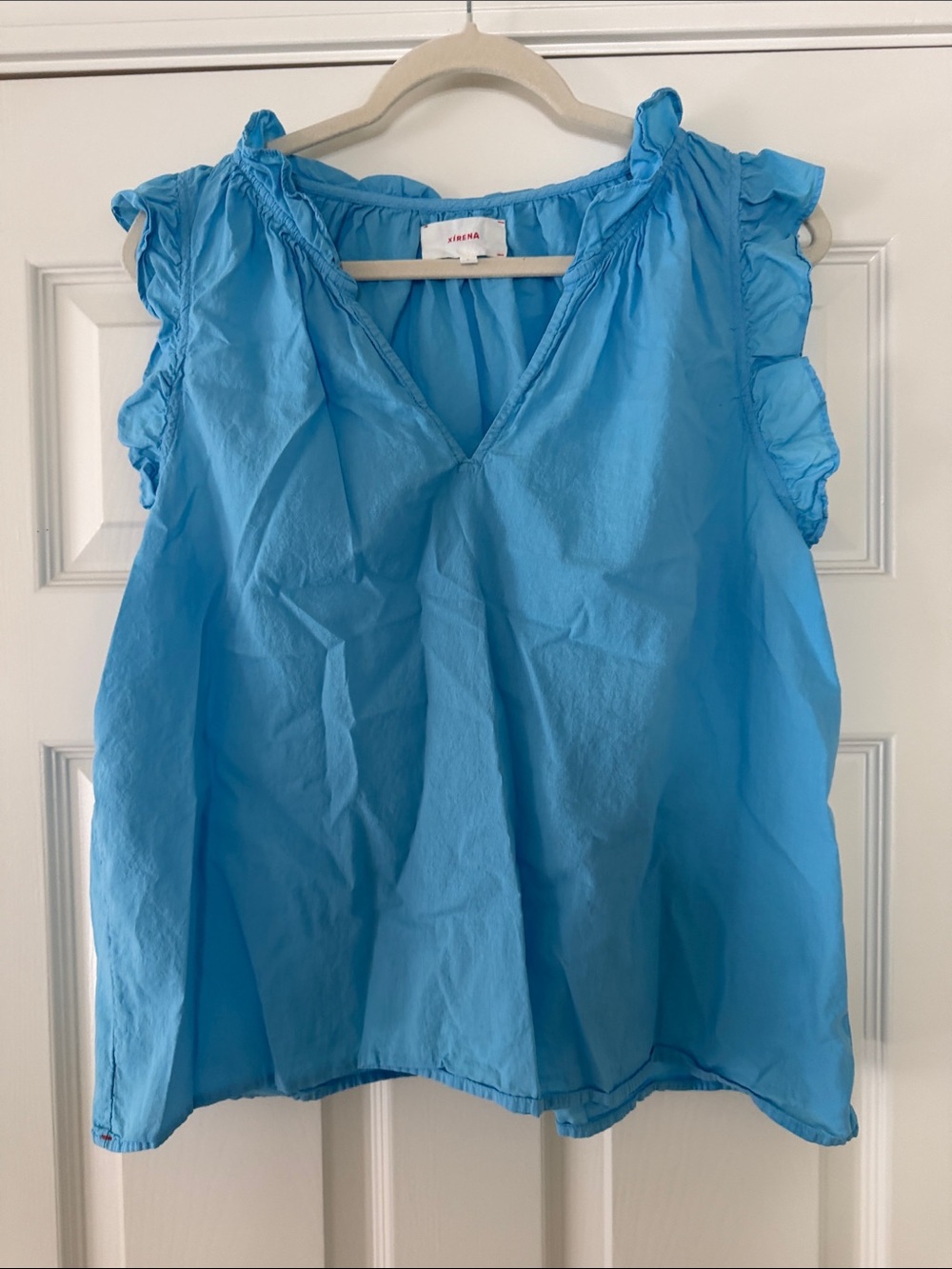 XiRENA Blue Ruffle-Sleeve V-Neck Blouse